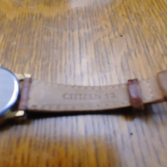 Citizen Quartz Watch Vintage Gold Tone Roman Numeral Face Date Brown Leather main image 6